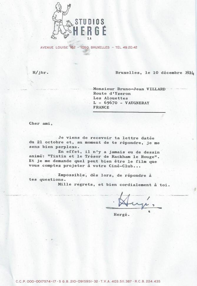 Lettre herge 10 decembre 1974