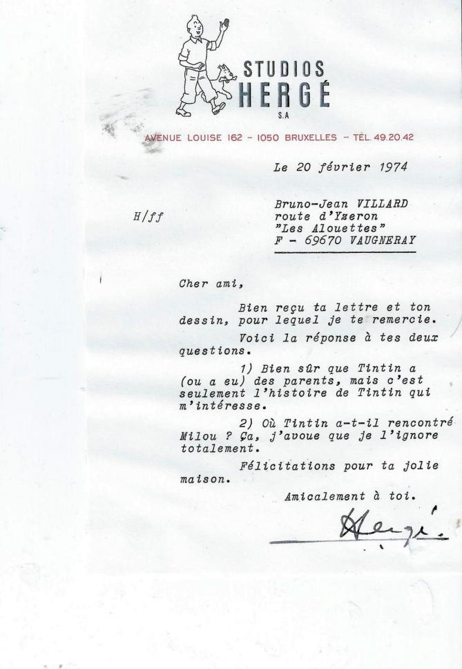 Lettre herge 20 fevrier 1974