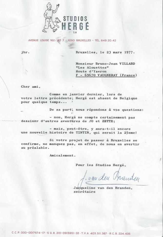 Lettre herge 23 mars 1977